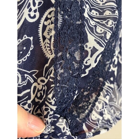 Retro Floral Lace Sheer Top L Blue Coastal Preppy Boho Western Nautical 80s - Picture 7 of 12